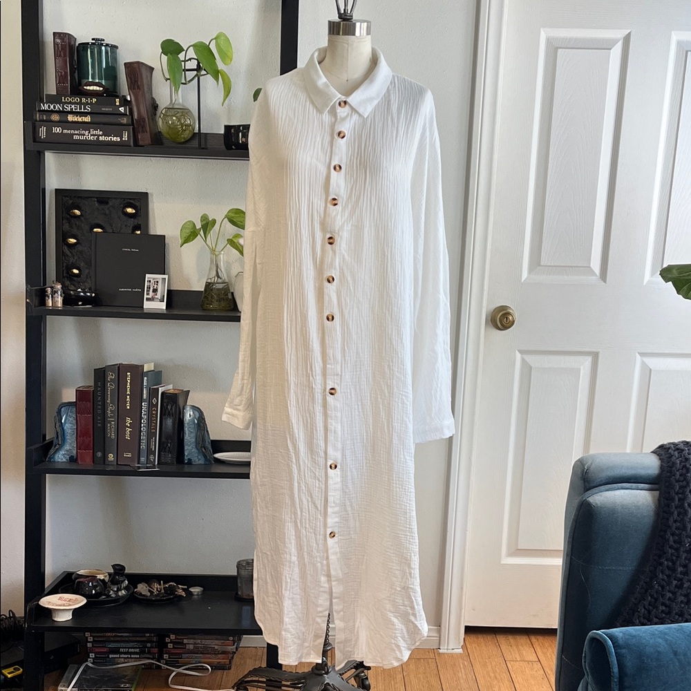 White Longsleeve Button Shirt Dress with Collar 100% Cotton Large, brand new